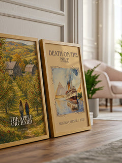 The Apple Orchard watercolour print framed by window – literary home decor