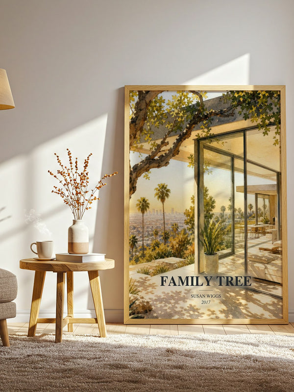 Family Tree watercolour print in frame leaning in hallway – contemporary fiction wall art