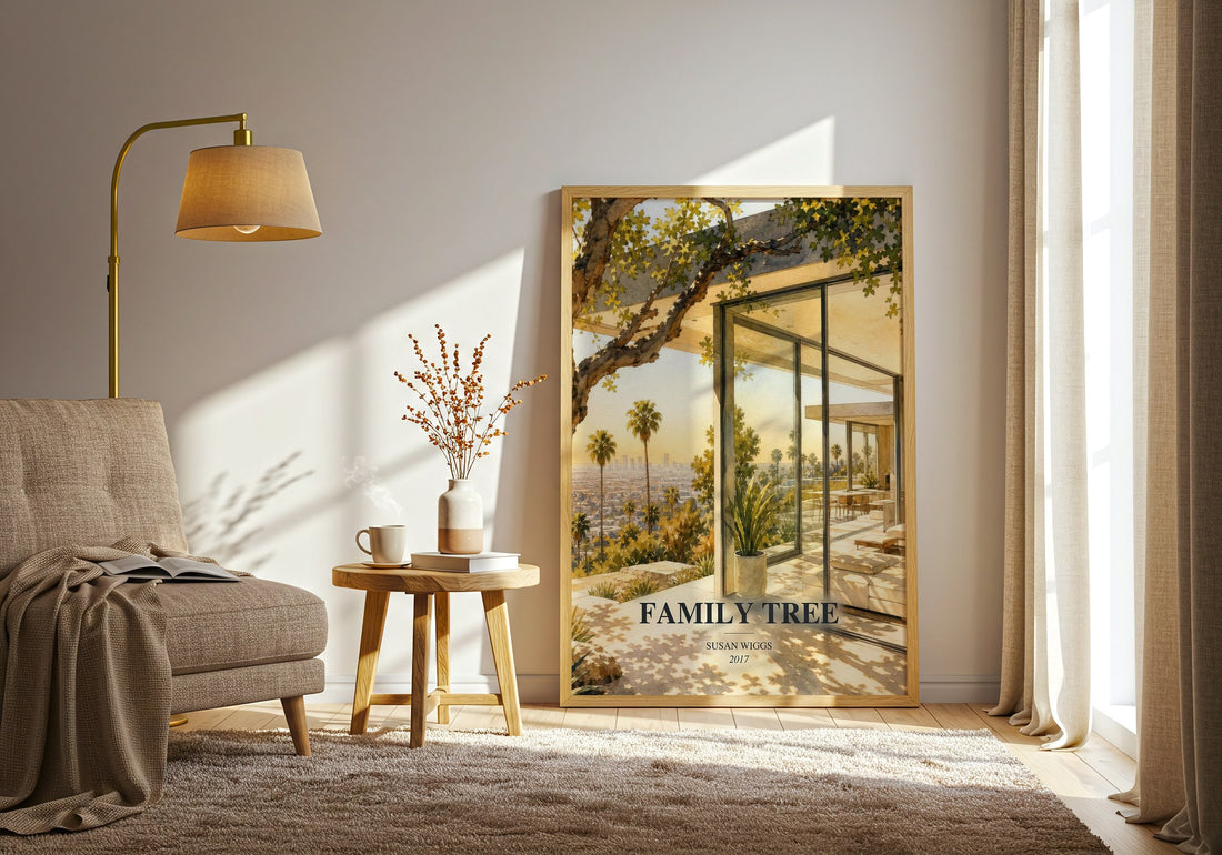 Family Tree watercolour print in frame leaning in hallway – contemporary fiction wall art (mockup)
