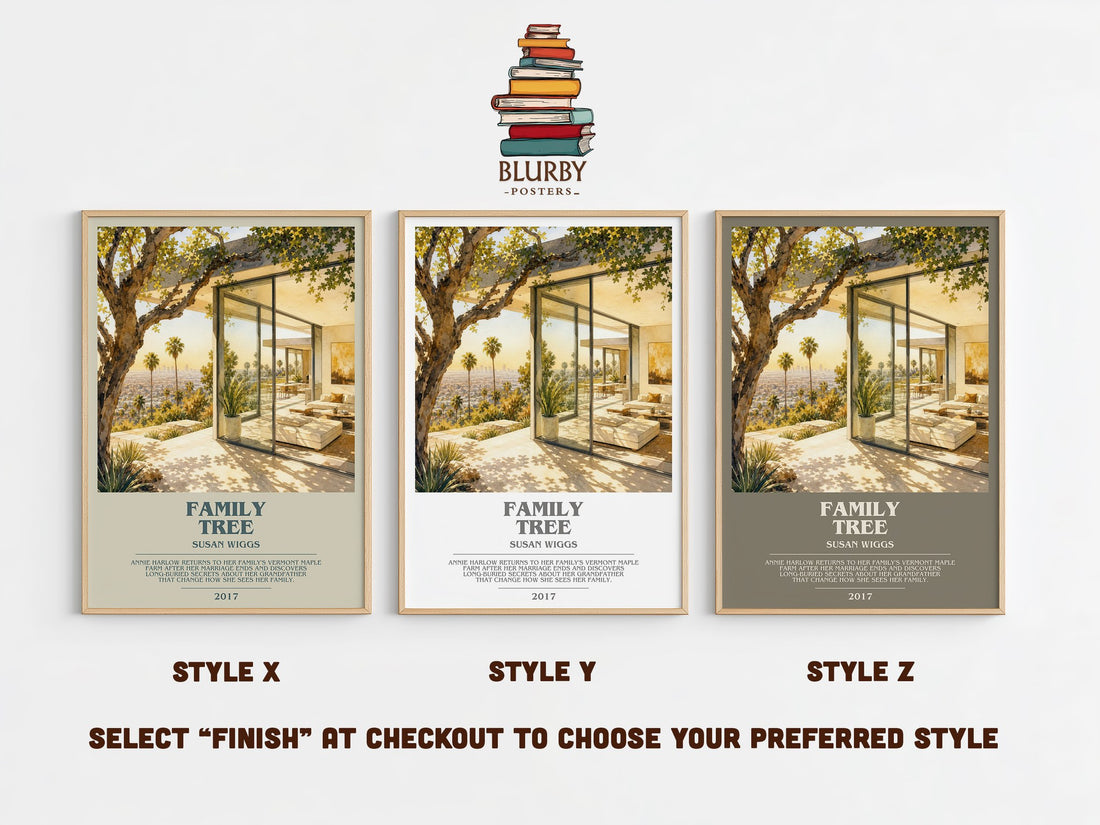 Family Tree bookish print in frame leaning in hallway – contemporary fiction wall art (mockup)