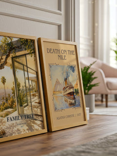 Family Tree watercolour print framed by window – literary home decor