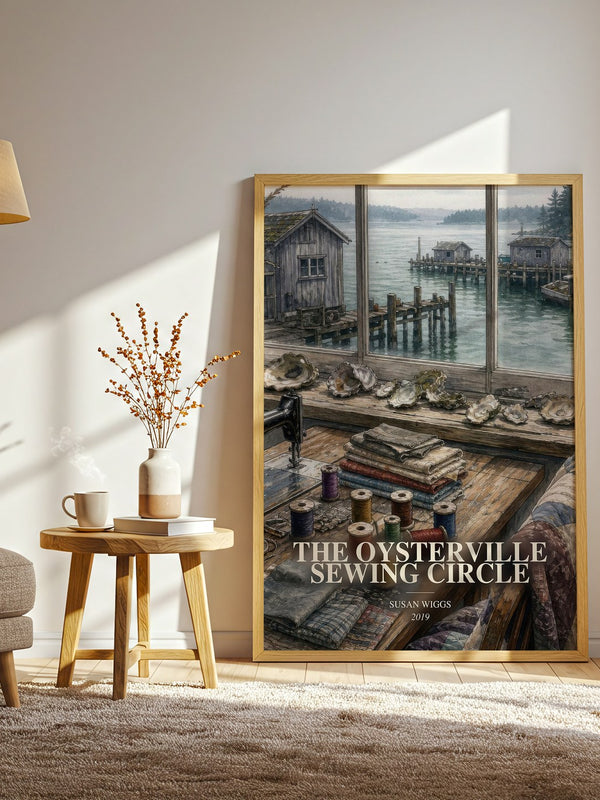 The Oysterville Sewing Circle watercolour print in frame leaning in hallway – contemporary fiction wall art