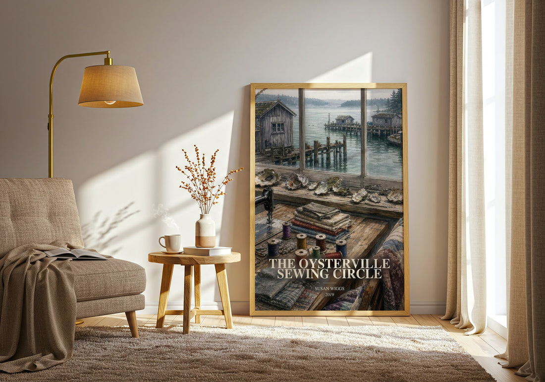 The Oysterville Sewing Circle watercolour print in frame leaning in hallway – contemporary fiction wall art (mockup)