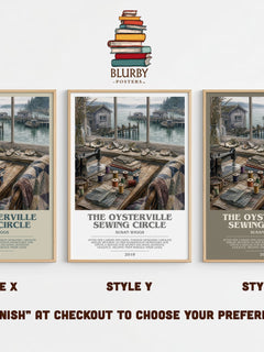 The Oysterville Sewing Circle bookish print in frame leaning in hallway – contemporary fiction wall art