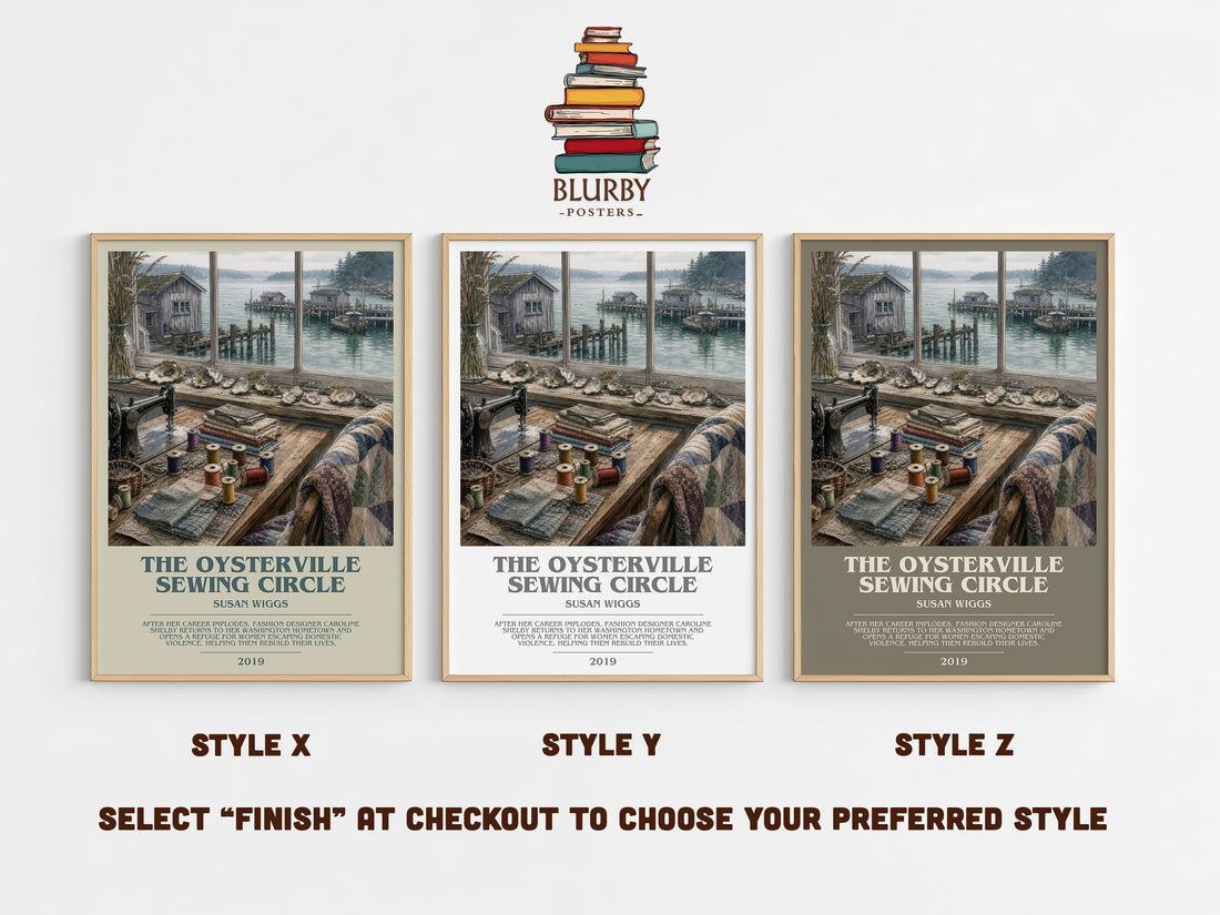 The Oysterville Sewing Circle bookish print in frame leaning in hallway – contemporary fiction wall art (mockup)