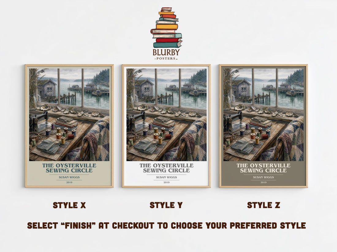 The Oysterville Sewing Circle book cover print in frame leaning in hallway – contemporary fiction wall art (mockup)