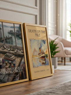 The Oysterville Sewing Circle watercolour print framed by window – literary home decor