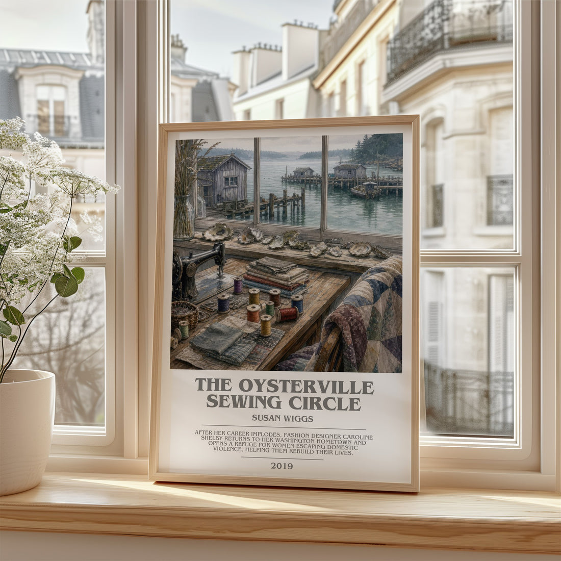 The Oysterville Sewing Circle bookish poster colour and style options – Susan Wiggs book art
