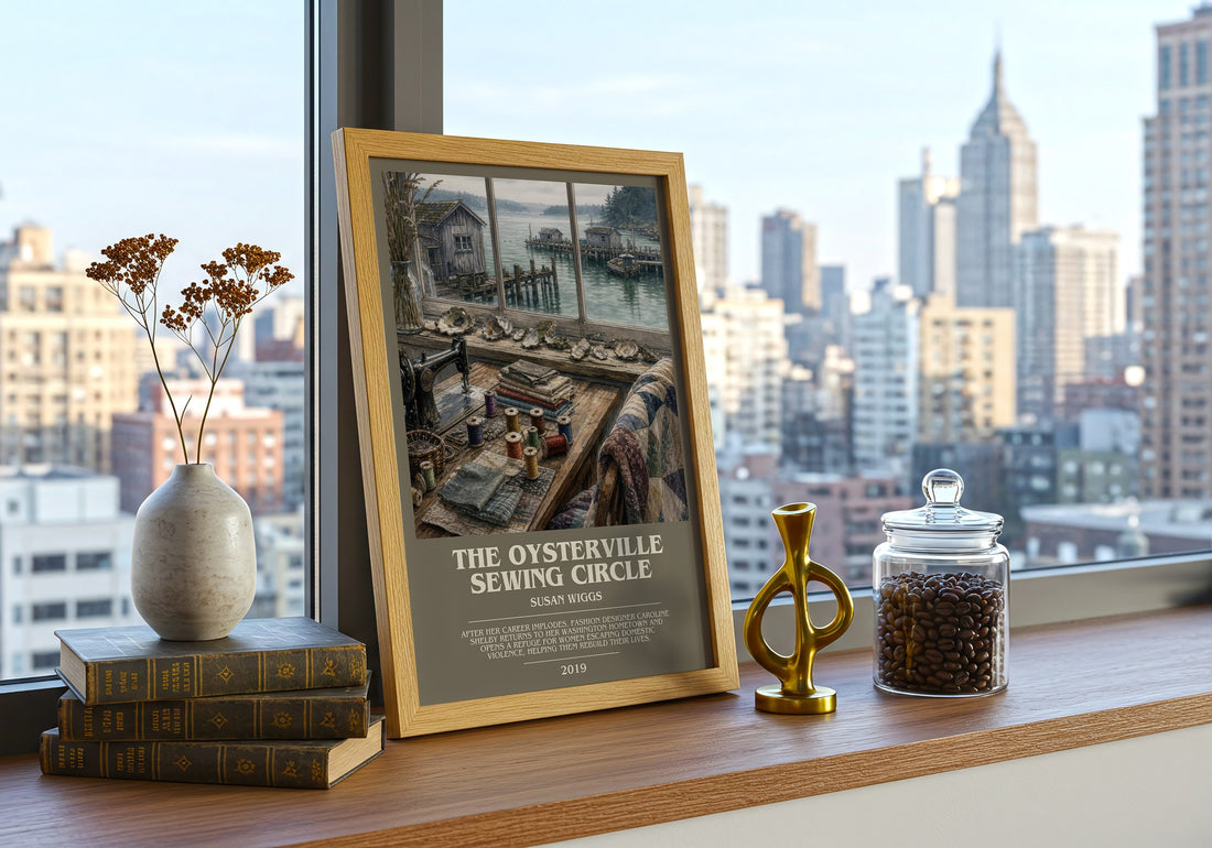 The Oysterville Sewing Circle bookish print framed by window – literary home decor