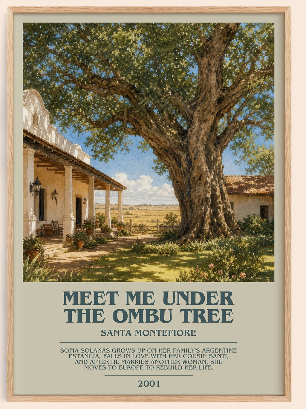 Meet Me Under the Ombu Tree bookish book poster by Santa Montefiore – framed literary art print