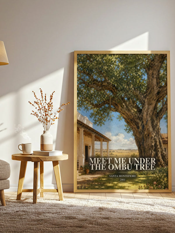 Meet Me Under the Ombu Tree watercolour print in frame leaning in hallway – romance wall art