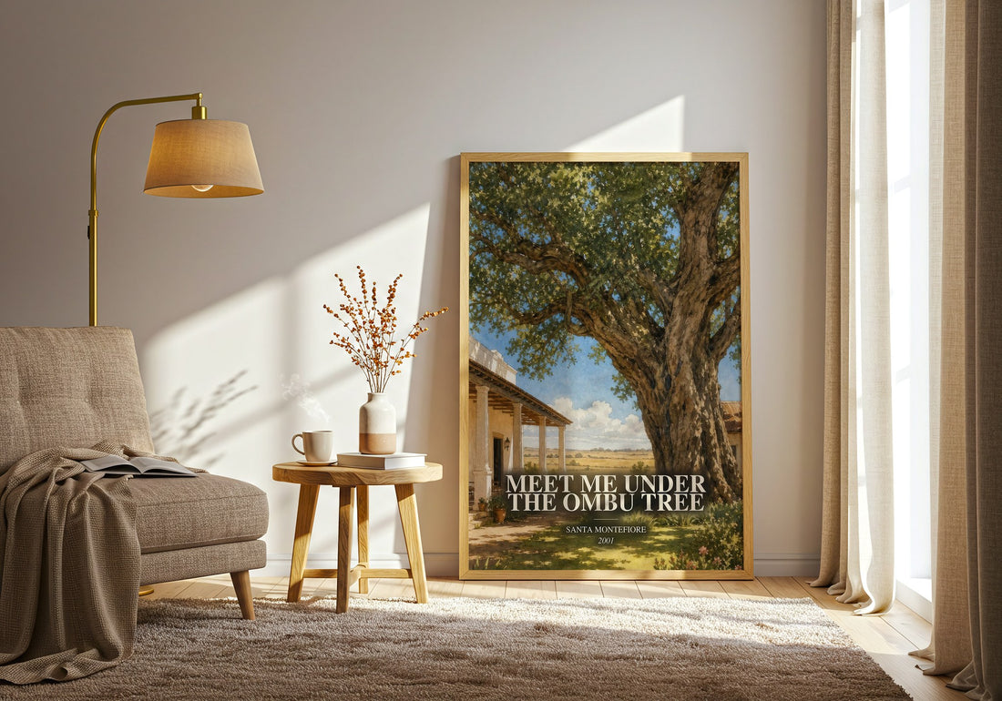 Meet Me Under the Ombu Tree watercolour print in frame leaning in hallway – romance wall art (mockup)