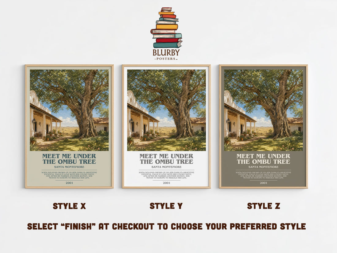 Meet Me Under the Ombu Tree bookish print in frame leaning in hallway – romance wall art (mockup)