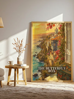 The Butterfly Box watercolour print in frame leaning in hallway – romance wall art
