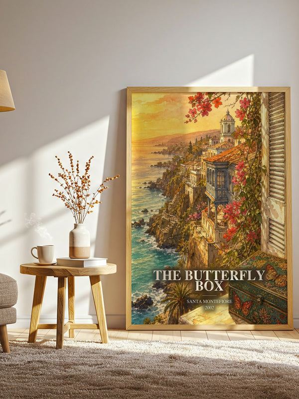 The Butterfly Box watercolour print in frame leaning in hallway – romance wall art
