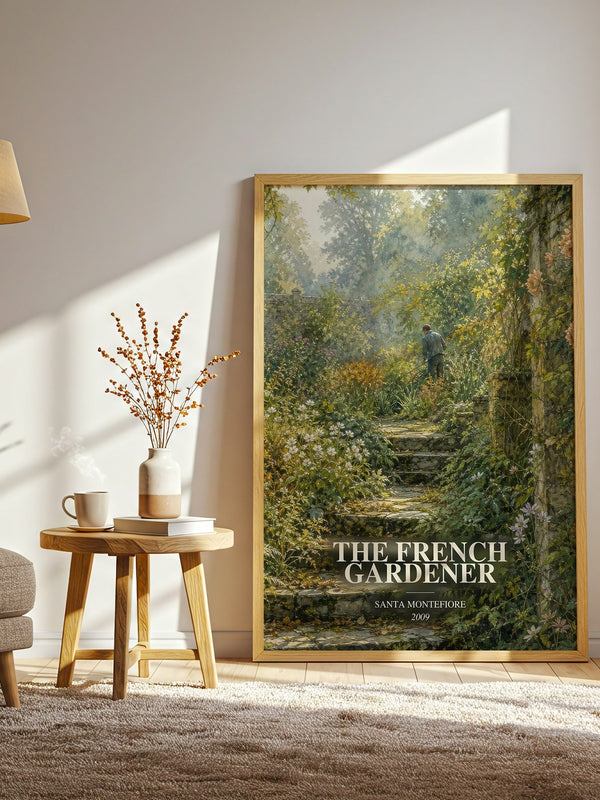 The French Gardener watercolour print in frame leaning in hallway – contemporary fiction wall art