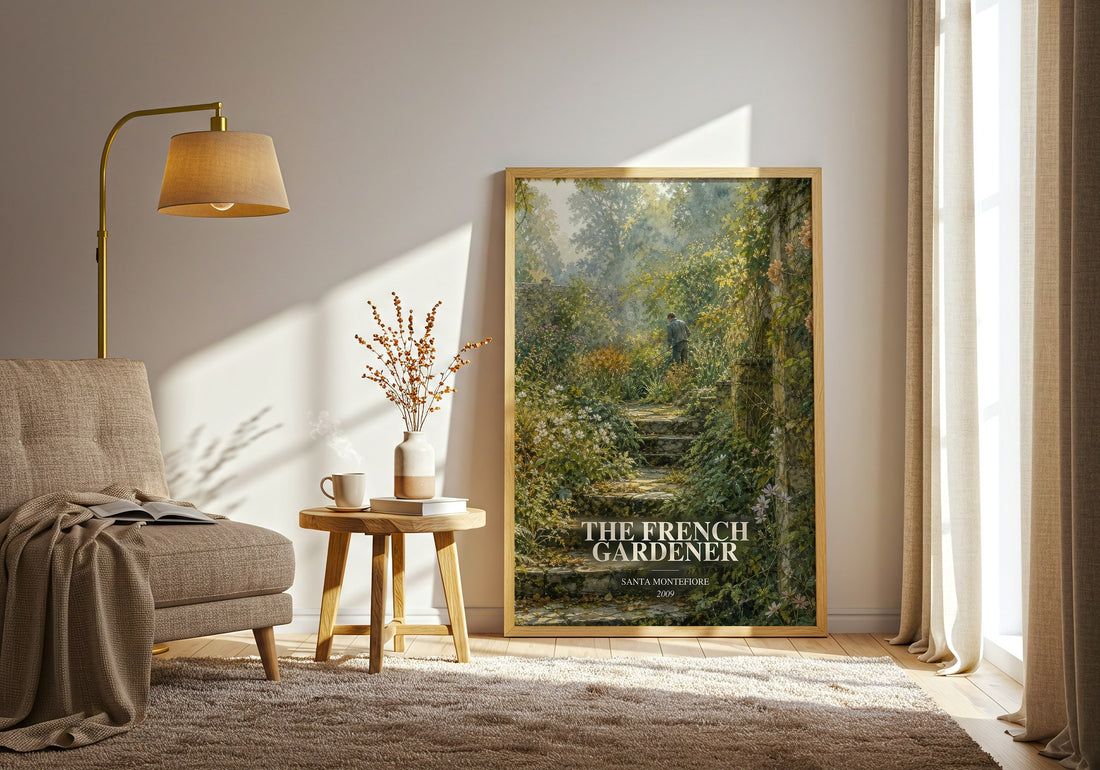 The French Gardener watercolour print in frame leaning in hallway – contemporary fiction wall art (mockup)