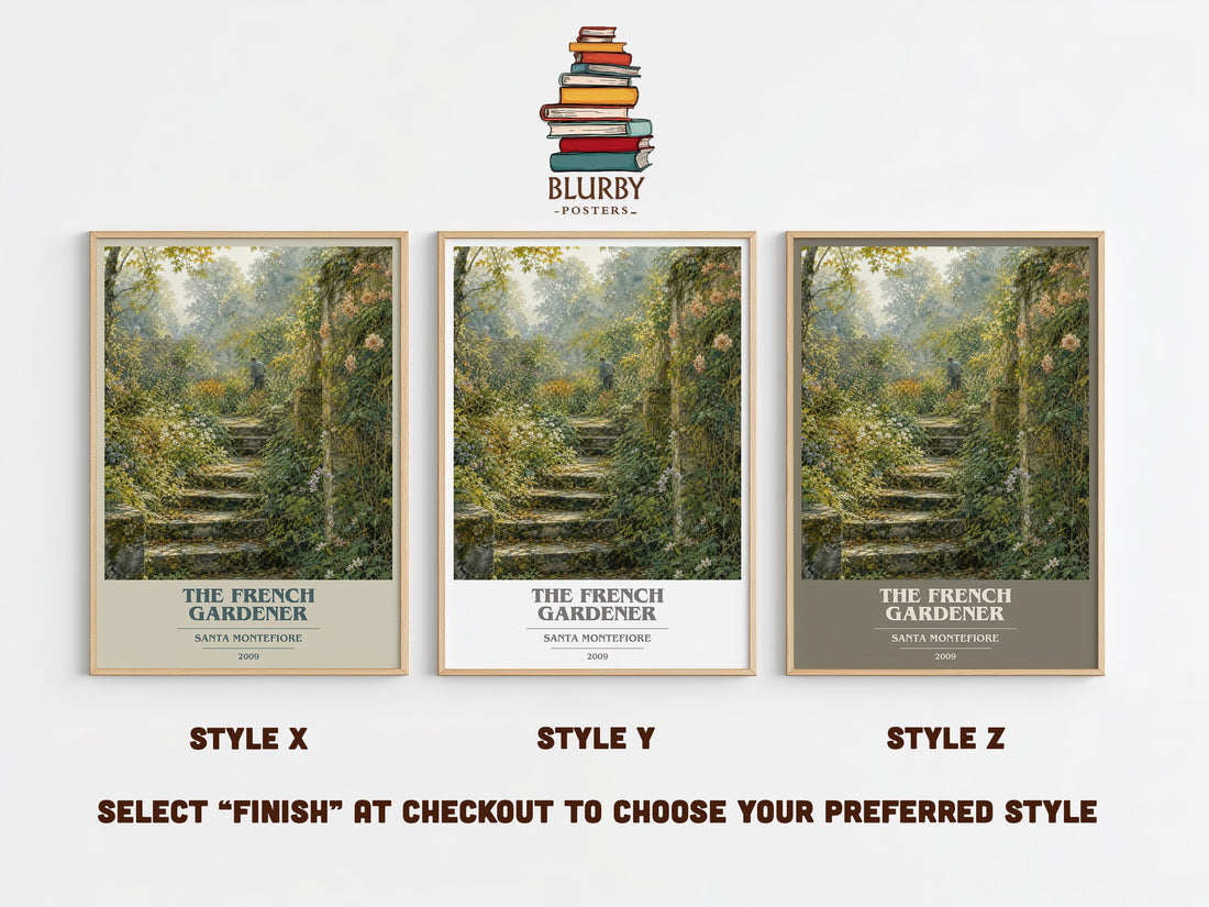 The French Gardener book cover print in frame leaning in hallway – contemporary fiction wall art (mockup)