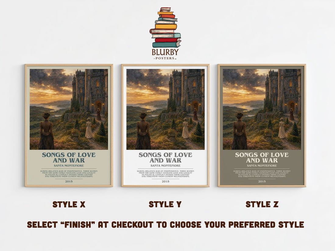 Songs of Love and War bookish print in frame leaning in hallway – historical fiction wall art (mockup)
