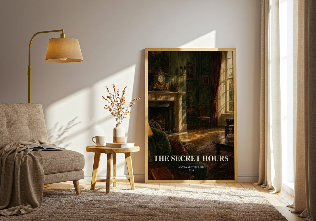 The Secret Hours watercolour print in frame leaning in hallway – historical fiction wall art (mockup)