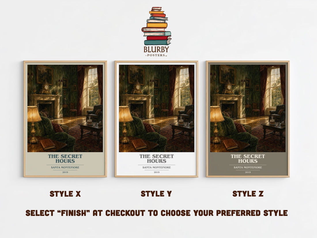 The Secret Hours book cover print in frame leaning in hallway – historical fiction wall art (mockup)