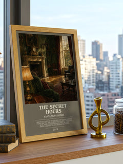 The Secret Hours bookish print framed by window – literary home decor