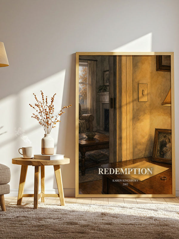 Redemption watercolour print in frame leaning in hallway – contemporary fiction wall art