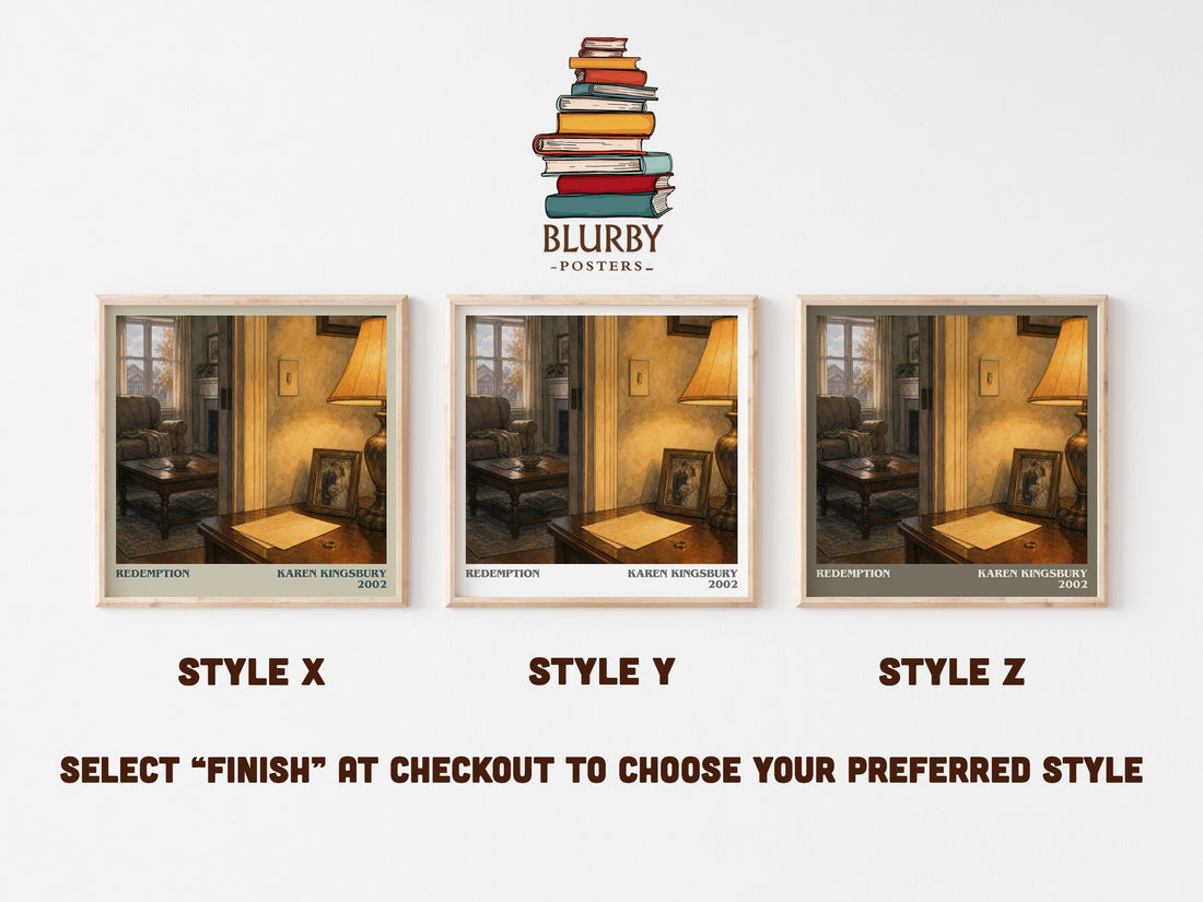 Redemption literary print in frame leaning in hallway – contemporary fiction wall art (mockup)