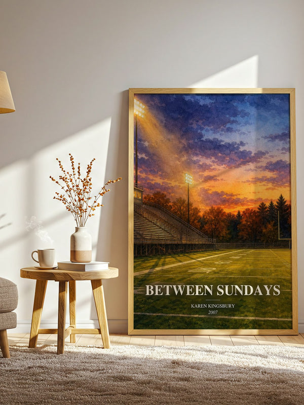 Between Sundays watercolour print in frame leaning in hallway – contemporary fiction wall art