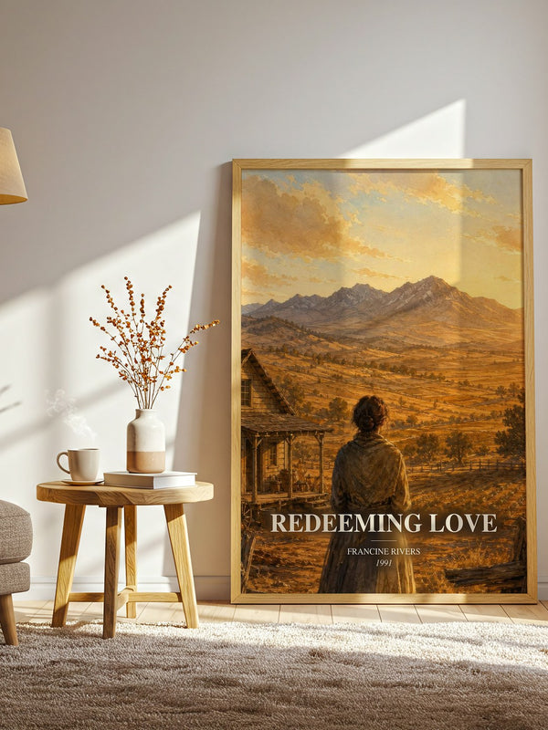 Redeeming Love watercolour print in frame leaning in hallway – romance wall art