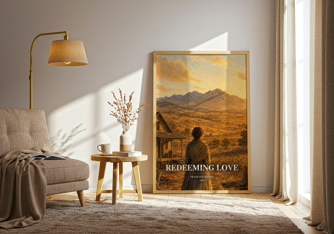 Redeeming Love watercolour print in frame leaning in hallway – romance wall art (mockup)