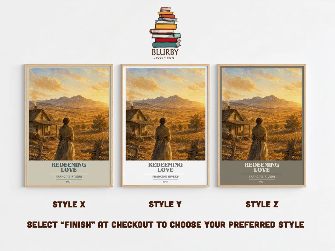 Redeeming Love book cover print in frame leaning in hallway – romance wall art (mockup)