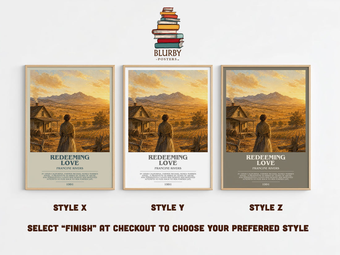 Redeeming Love bookish print in frame leaning in hallway – romance wall art (mockup)