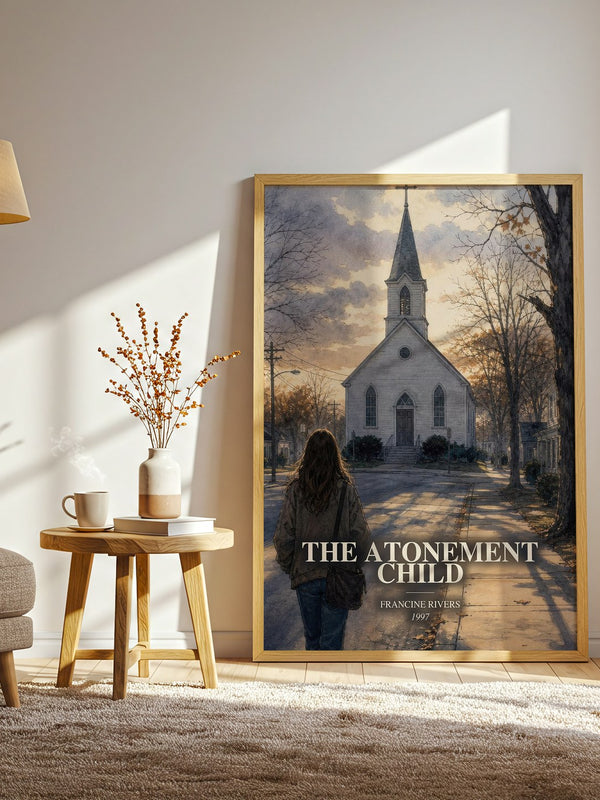 The Atonement Child watercolour print in frame leaning in hallway – contemporary fiction wall art