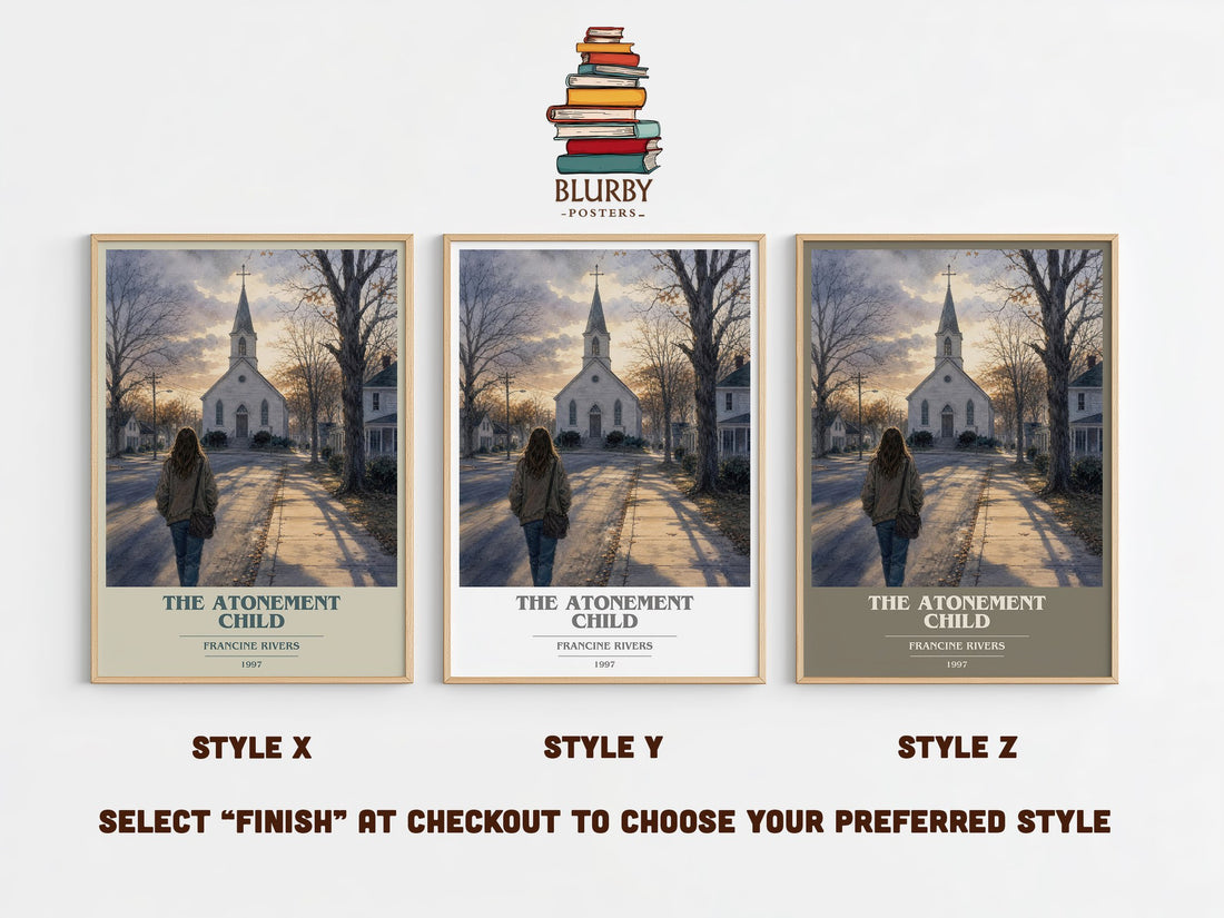 The Atonement Child book cover print in frame leaning in hallway – contemporary fiction wall art (mockup)