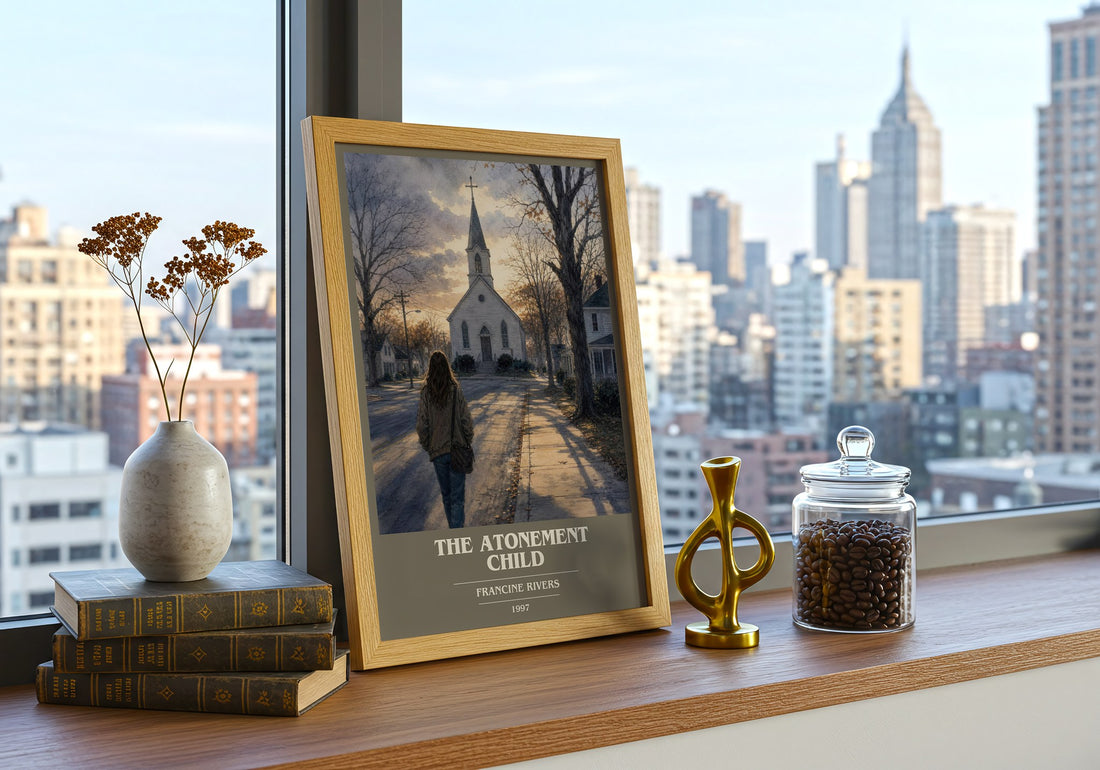 The Atonement Child book cover print framed by window – literary home decor