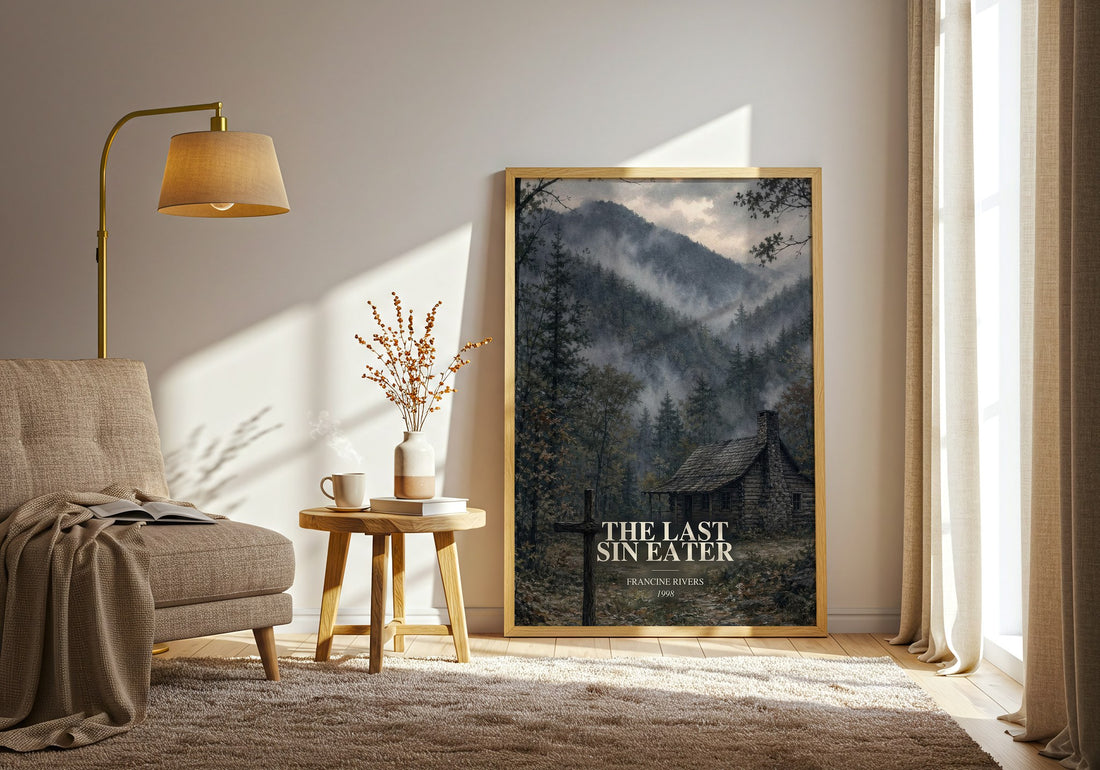 The Last Sin Eater watercolour print in frame leaning in hallway – historical fiction wall art (mockup)