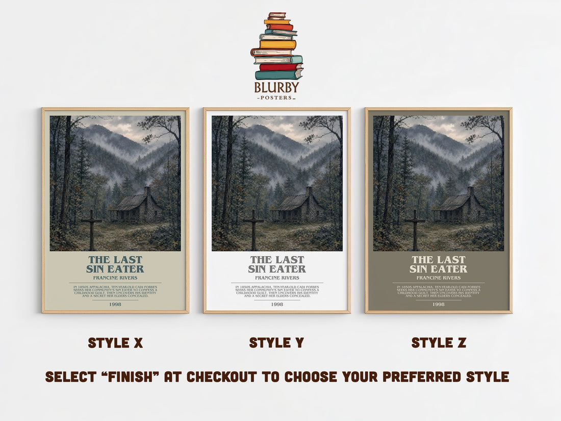 The Last Sin Eater bookish print in frame leaning in hallway – historical fiction wall art (mockup)