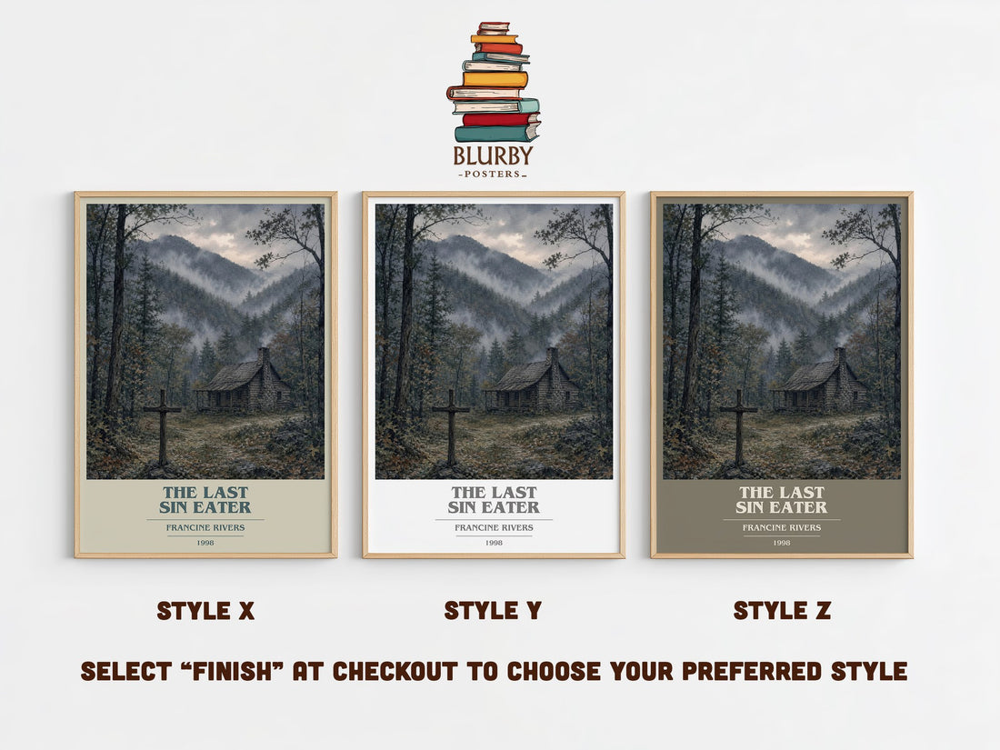 The Last Sin Eater book cover print in frame leaning in hallway – historical fiction wall art (mockup)