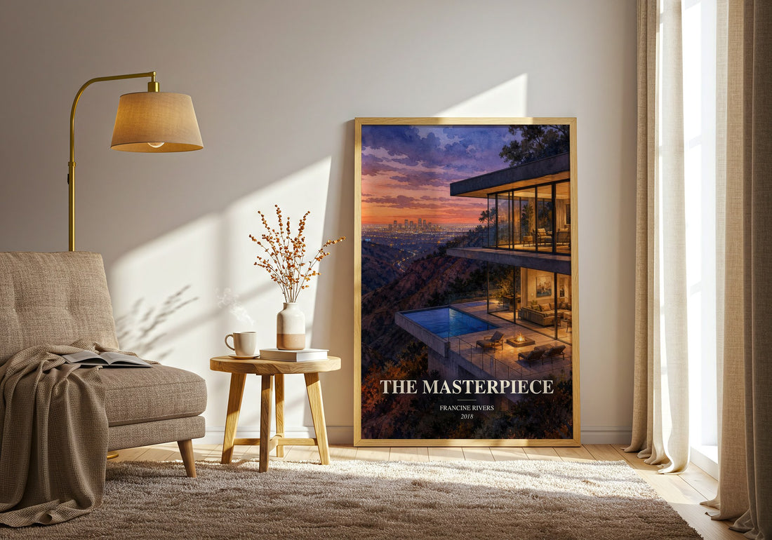 The Masterpiece watercolour print in frame leaning in hallway – contemporary fiction wall art (mockup)