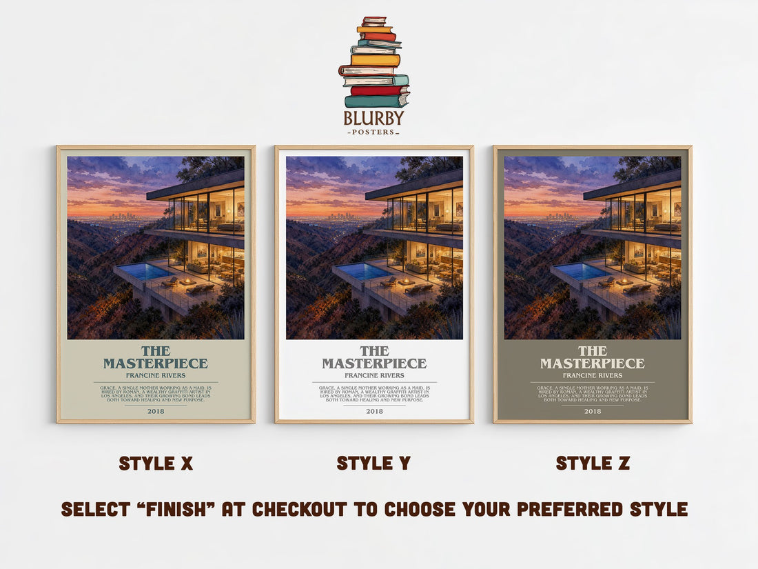 The Masterpiece bookish print in frame leaning in hallway – contemporary fiction wall art (mockup)