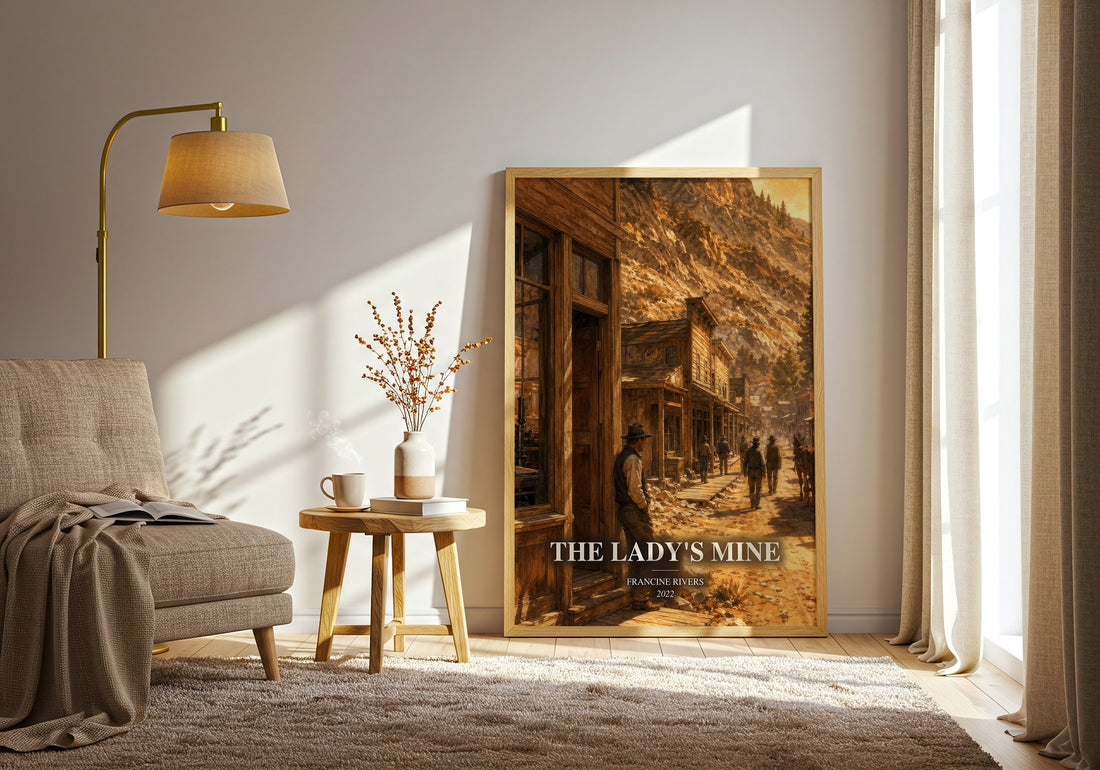 The Lady's Mine watercolour print in frame leaning in hallway – romance wall art (mockup)