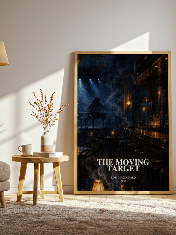 The Moving Target watercolour print in frame leaning in hallway – crime wall art