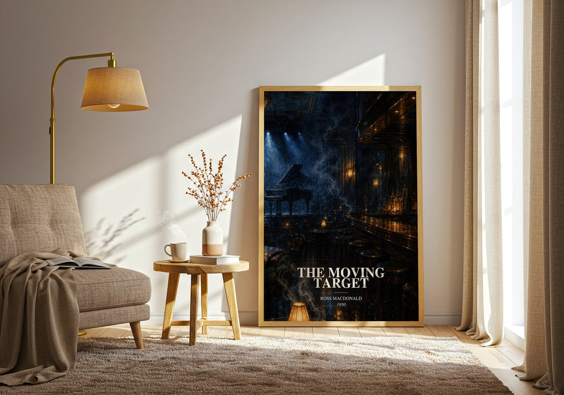 The Moving Target watercolour print in frame leaning in hallway – crime wall art (mockup)