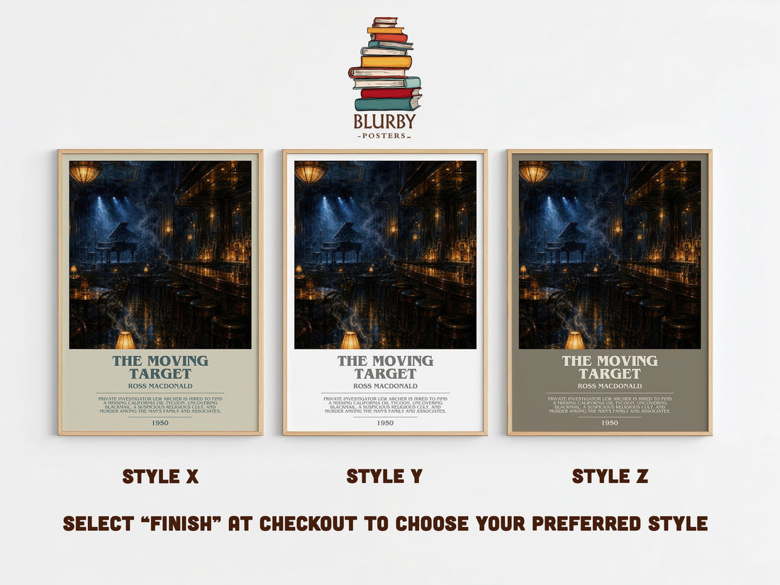 The Moving Target bookish print in frame leaning in hallway – crime wall art (mockup)