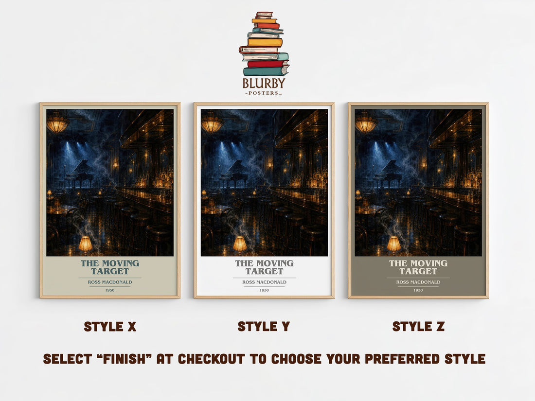 The Moving Target book cover print in frame leaning in hallway – crime wall art (mockup)