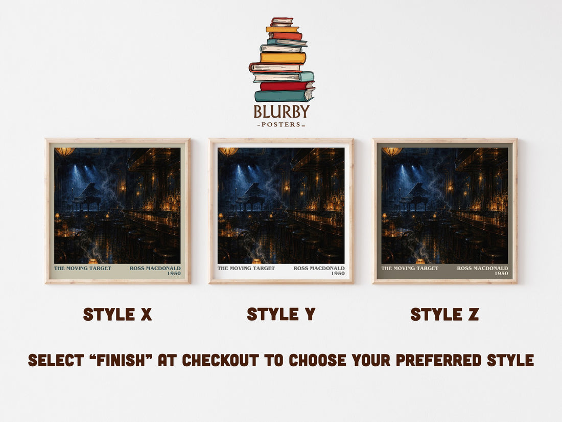 The Moving Target literary print in frame leaning in hallway – crime wall art (mockup)