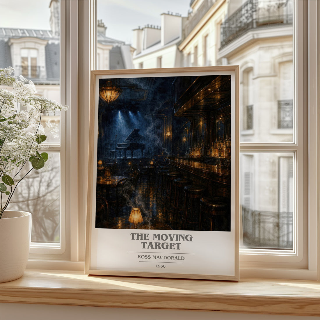 The Moving Target book cover poster colour and style options – Ross Macdonald book art (mockup)