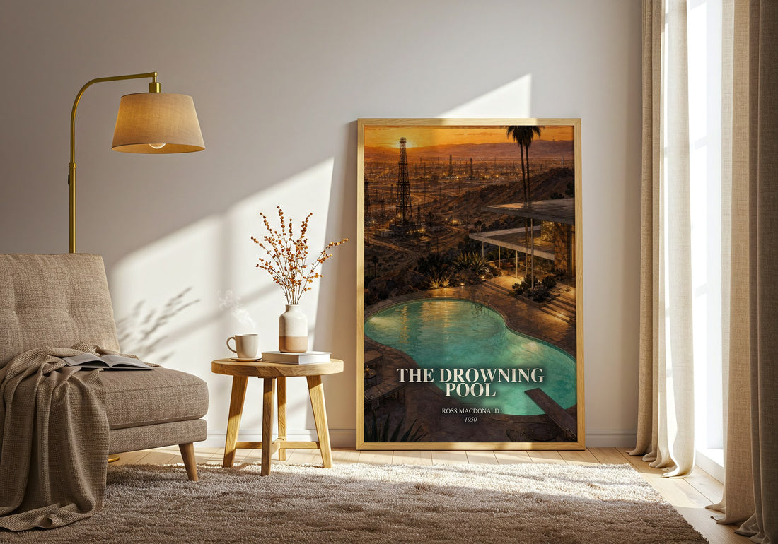 The Drowning Pool watercolour print in frame leaning in hallway – crime wall art (mockup)