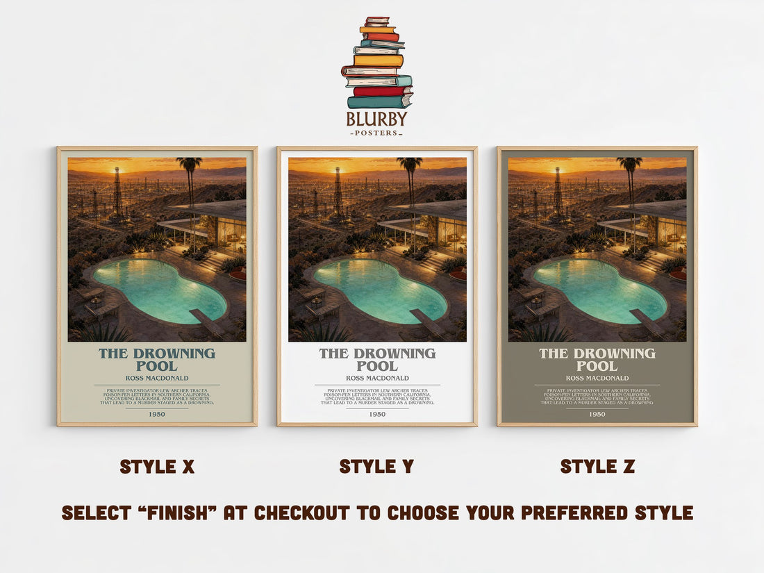 The Drowning Pool bookish print in frame leaning in hallway – crime wall art (mockup)